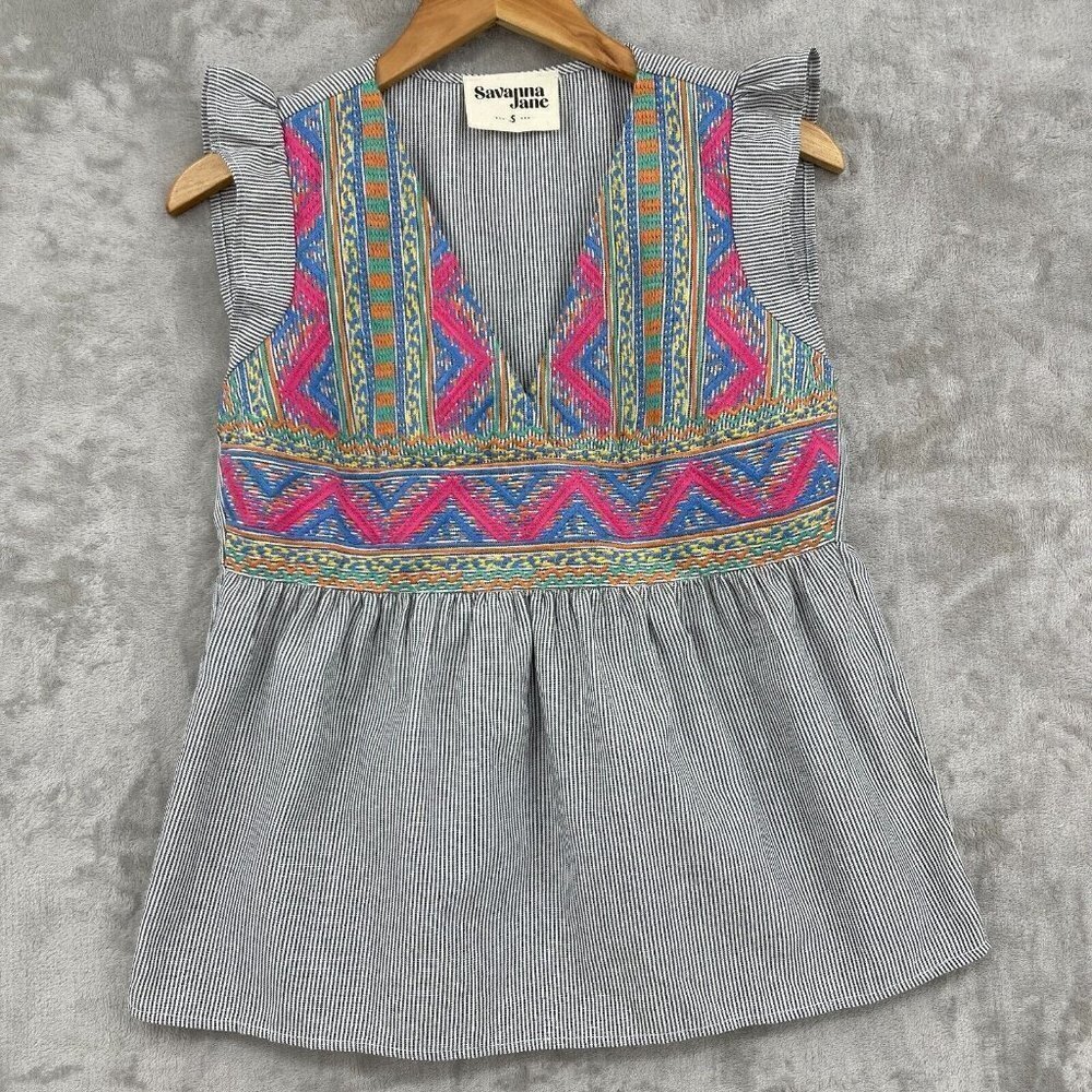 Savanna JanePinstripe Flutter Sleeve Southwest Embroidered Morgan Top
